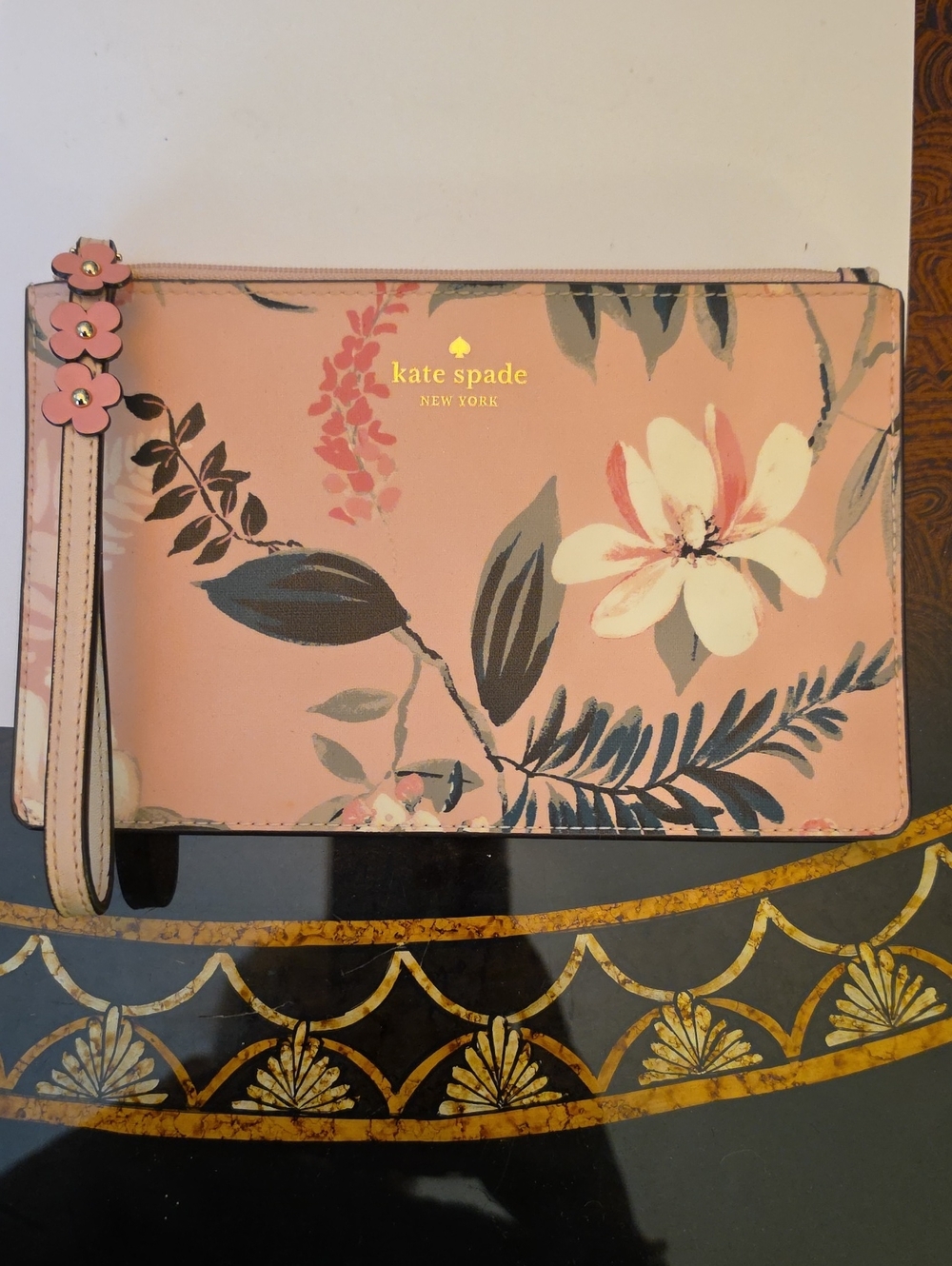 kate spade Pink Floral Wristlet with Gold Logo